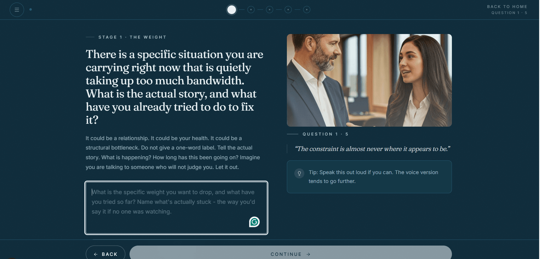 The guided reflection interface: a question asking you to describe a specific operating moment in your own words, with a free-text answer box